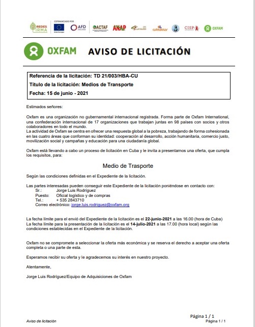 OXFAM-Licitación Medios de Transporte
