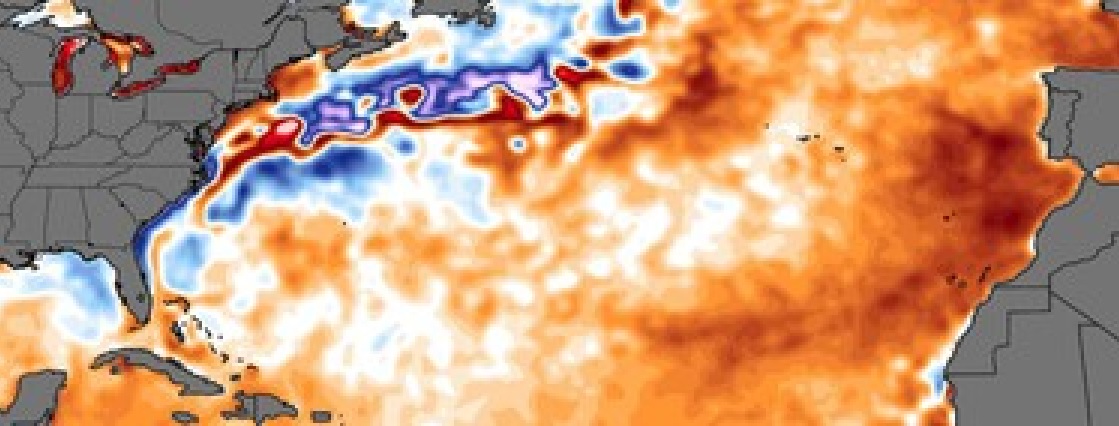 Temperatura Superficial del Mar a inicios de junio de 2023. Todo el Atlántico oriental y la zona generadora de ciclones tropicales del Atlántico Tropical, tiene temperaturas más altas que lo normal.
